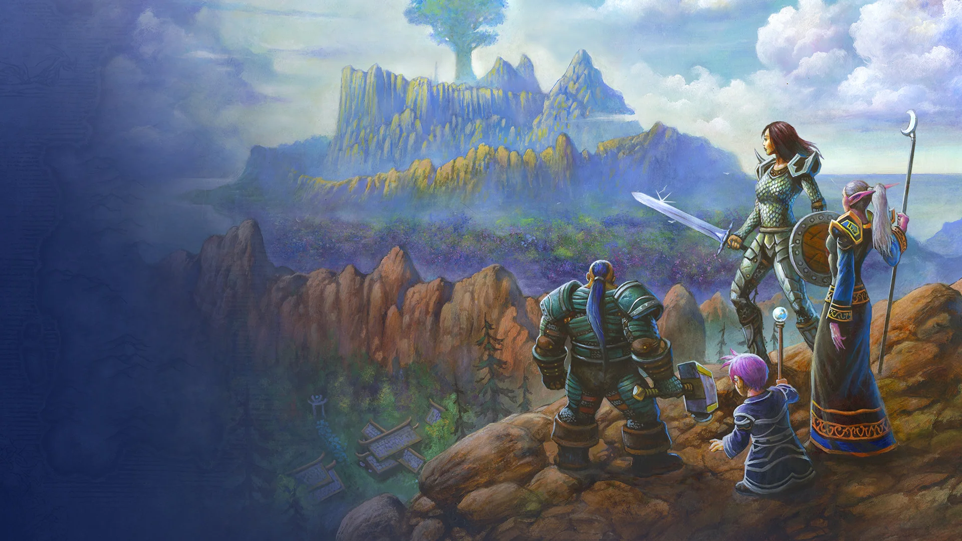 Key-Art zu World of Warcraft: Forever – eine Abenteurergruppe steht auf einer Klippe und blickt ins Tal vor dem Berg Hyjal