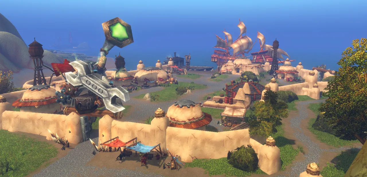 Powderfuse Port, der Goblin-Hafen der Flusslande (Riverglades) mit Schraubenschlüssel-Schild